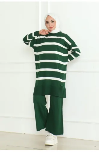 Striped Stylish Knitwear Suit 153-03 Emerald Green 153-03