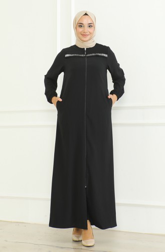 Elastic Sleeve Zippered Abaya 0475-03 Black 0475-03