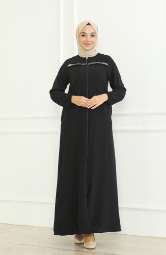Elastic Sleeve Zippered Abaya 0475-03 Black 0475-03