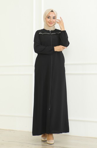 Elastic Sleeve Zippered Abaya 0475-03 Black 0475-03