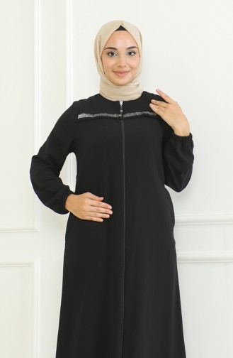 Elastic Sleeve Zippered Abaya 0475-03 Black 0475-03