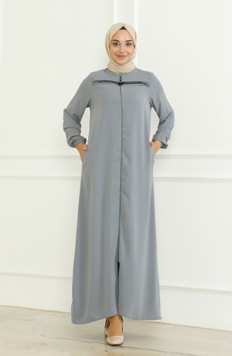 Elastic Sleeve Zippered Abaya 0475-04 Gray 0475-04