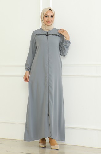Elastic Sleeve Zippered Abaya 0475-04 Gray 0475-04