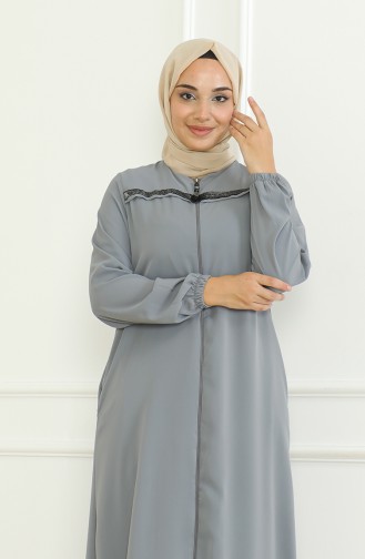 Elastic Sleeve Zippered Abaya 0475-04 Gray 0475-04