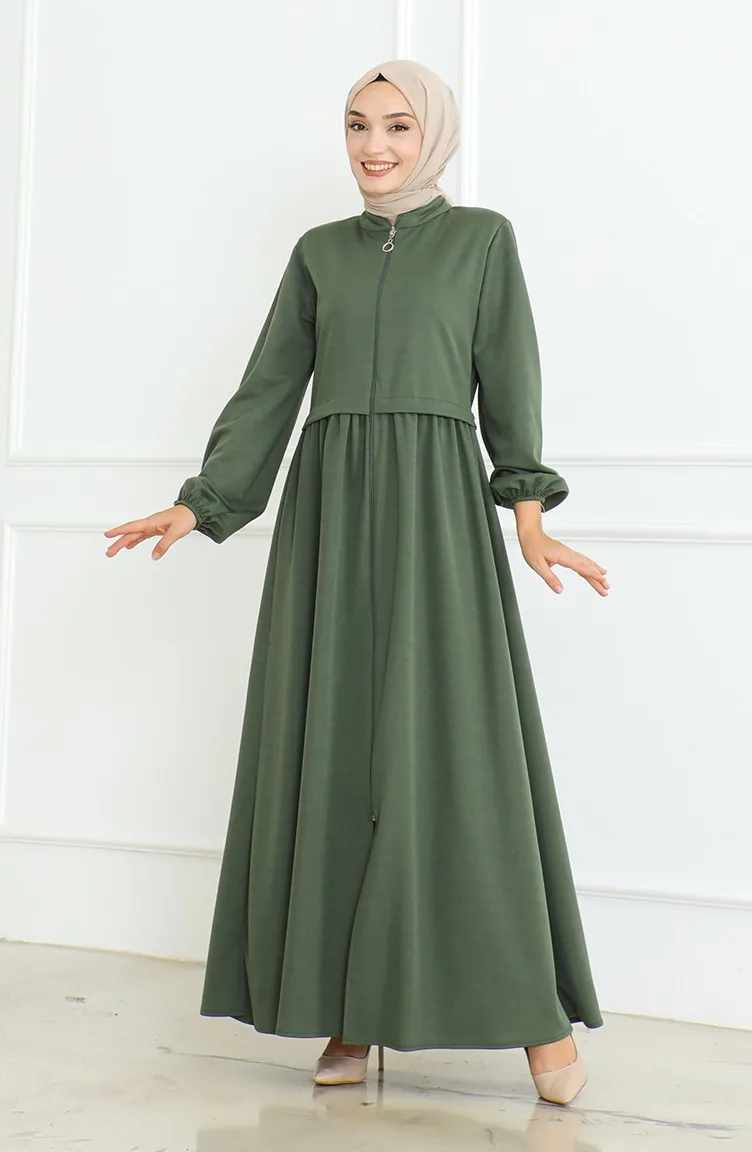 Abaya A Fermeture Et Manches Elastiques 8022-05 Khaki 8022-05