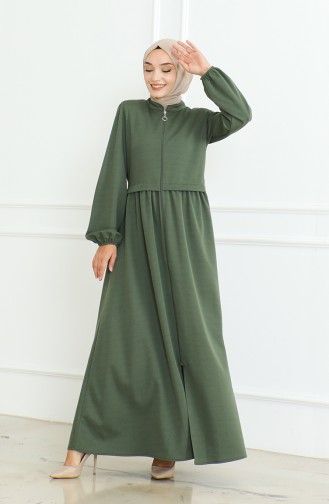 Elastic Sleeve Zippered Abaya 8022-05 Khaki 8022-05