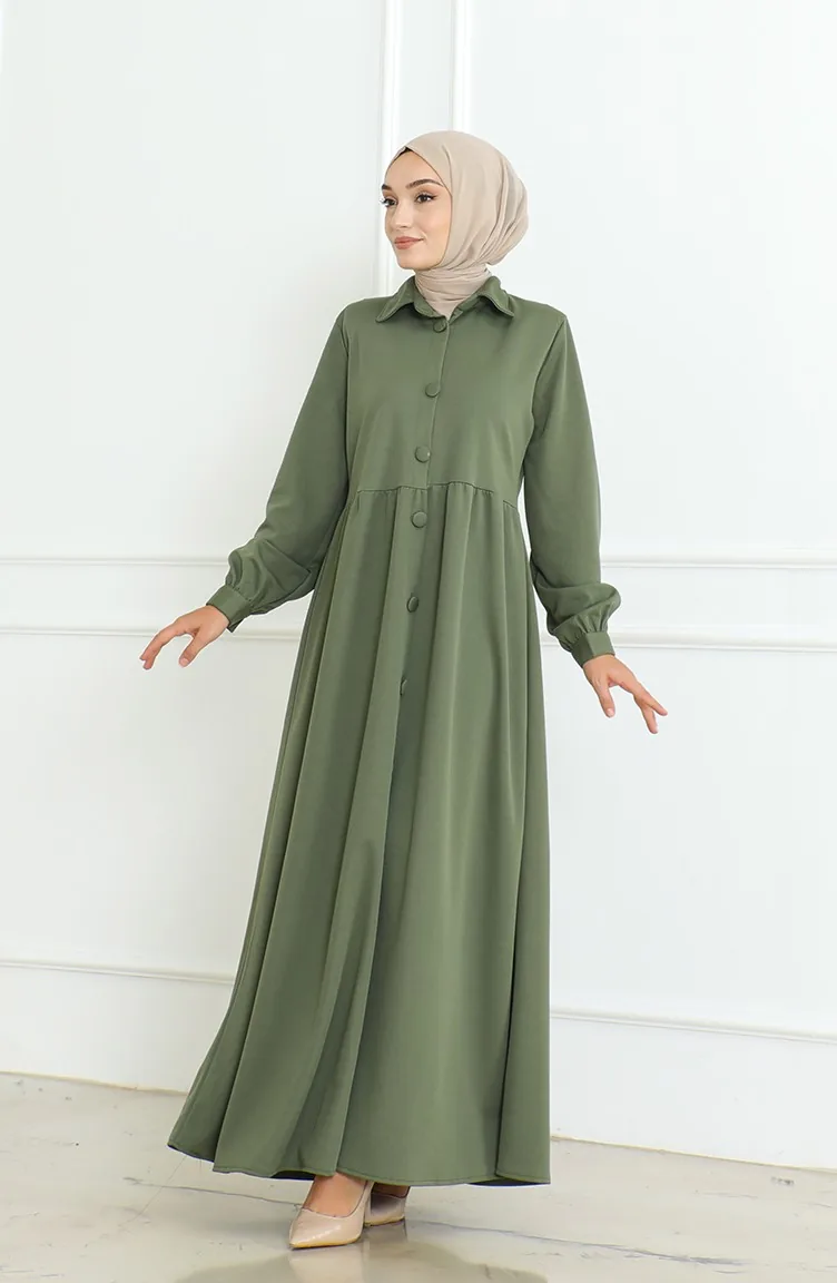 عباية سادة بأزرار  8023-02 أخضر عسكري 8023-02