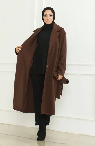 Büyük Beden Kruvaze Tek Düğmeli Kap 712510-01 Kahverengi
