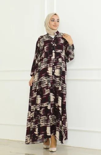Desenli Viskon Elbise 0466-02 Mor