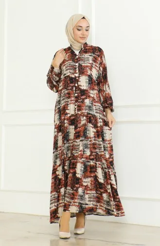 فستان فيسكوز منقوش 0466-04 قرميدي 0466-04