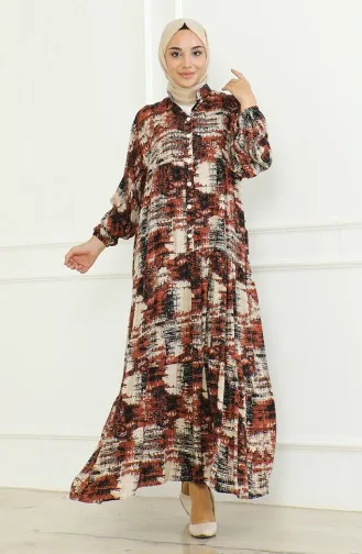 فستان فيسكوز منقوش 0466-04 قرميدي 0466-04