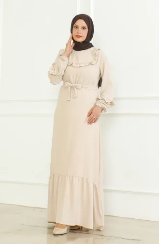 Aerobin Kumaş Fırfırlı Kuşaklı Elbise 0478-03 Bej