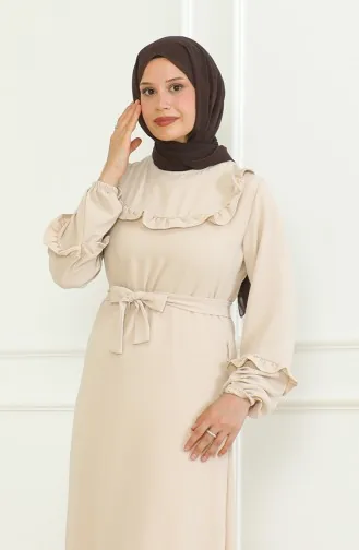 Aerobin Kumaş Fırfırlı Kuşaklı Elbise 0478-03 Bej