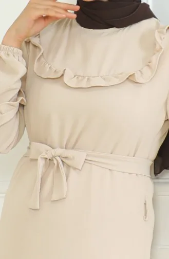 Aerobin Kumaş Fırfırlı Kuşaklı Elbise 0478-03 Bej