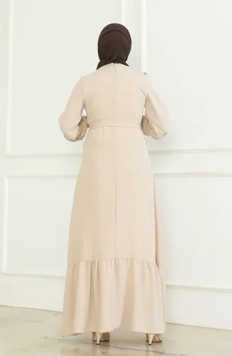 Aerobin Kumaş Fırfırlı Kuşaklı Elbise 0478-03 Bej