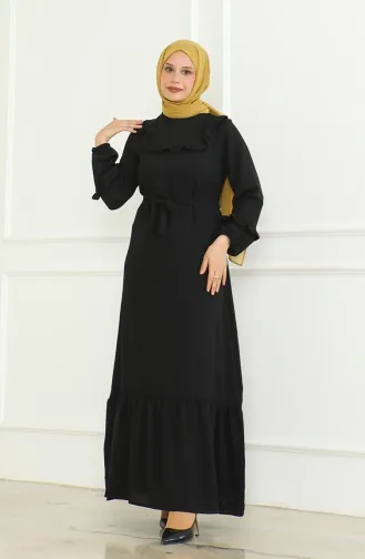 Kleid Aus Aerobin-Stoff Mit Rüschen Und Gürtel 0478-04 Schwarz 0478-04