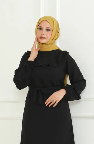 Kleid Aus Aerobin-Stoff Mit Rüschen Und Gürtel 0478-04 Schwarz 0478-04