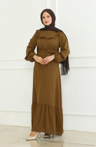 Aerobin Kumaş Fırfırlı Kuşaklı Elbise 0478-05 Kahverengi