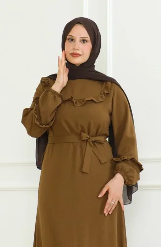Aerobin Kumaş Fırfırlı Kuşaklı Elbise 0478-05 Kahverengi