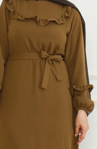 Aerobin Kumaş Fırfırlı Kuşaklı Elbise 0478-05 Kahverengi