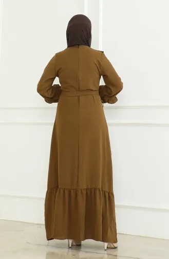Aerobin Kumaş Fırfırlı Kuşaklı Elbise 0478-05 Kahverengi