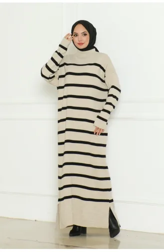 Gestreiftes Strickkleid Mit Halbem Rollkragen 253-01 Nerz 253-01