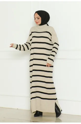 Gestreiftes Strickkleid Mit Halbem Rollkragen 253-01 Nerz 253-01