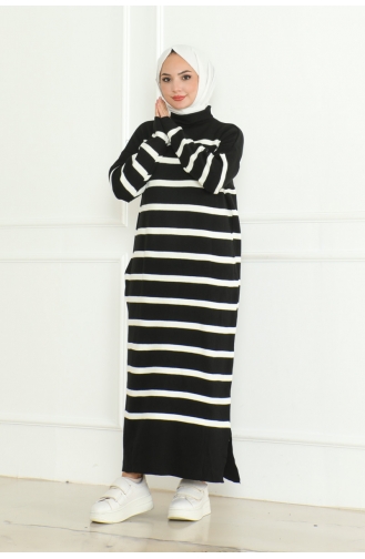 Robe Tricot Rayée Col Roulé 253-02 Noir 253-02
