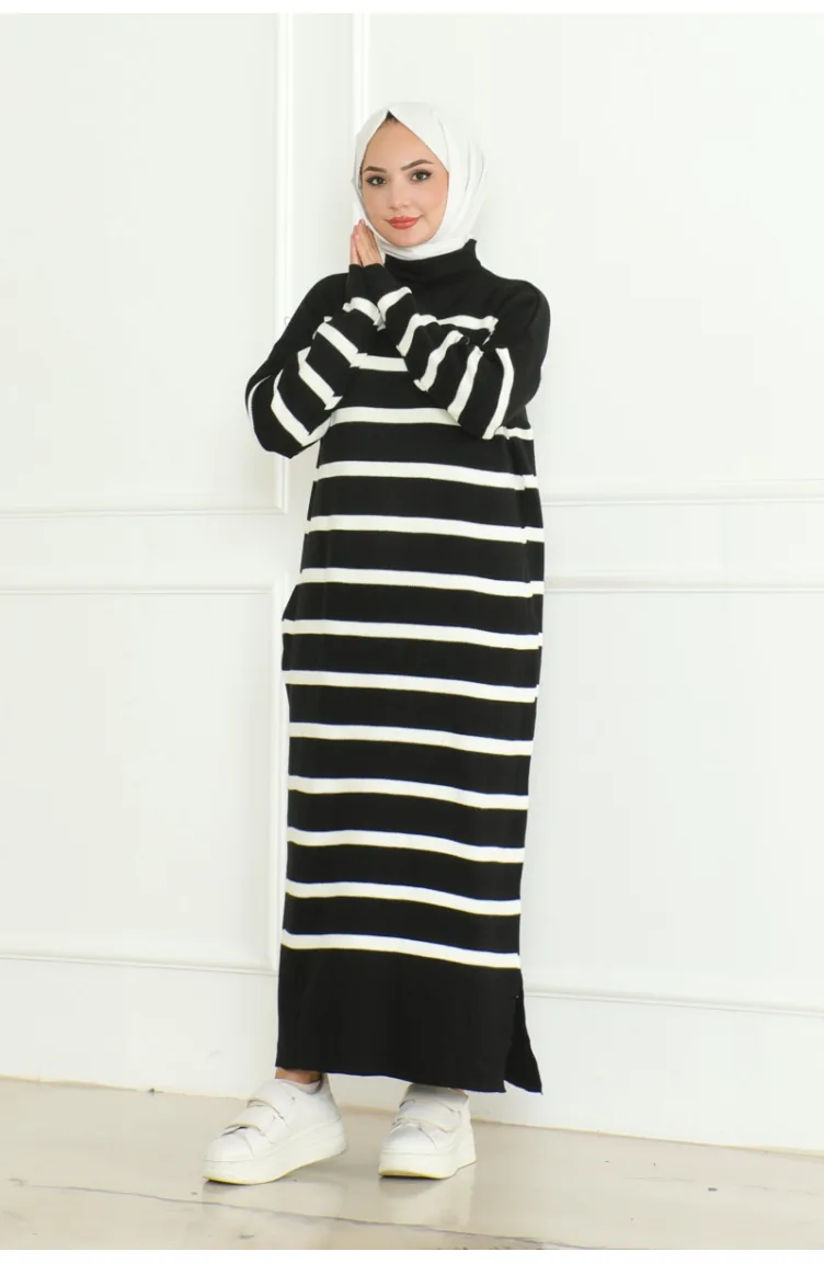 Robe Tricot Rayée Col Roulé 253-02 Noir 253-02