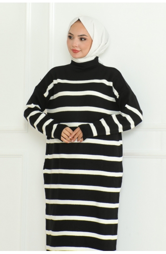 Robe Tricot Rayée Col Roulé 253-02 Noir 253-02