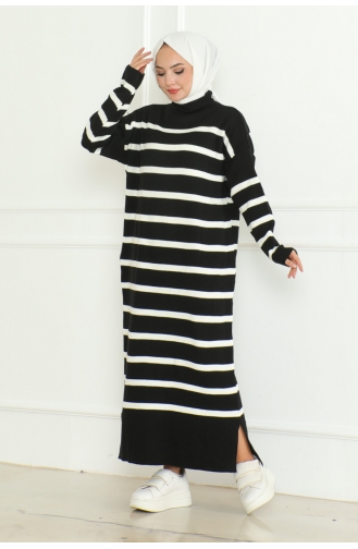 Robe Tricot Rayée Col Roulé 253-02 Noir 253-02