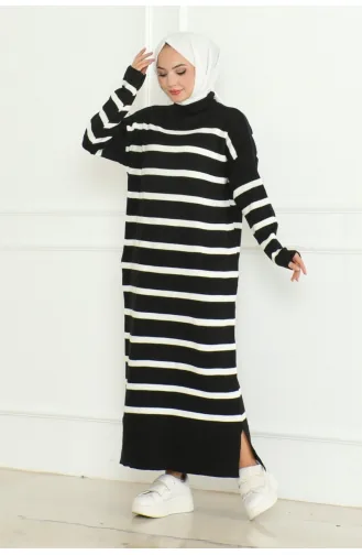 Robe Tricot Rayée Col Roulé 253-02 Noir 253-02