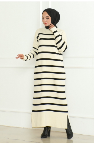 Robe Tricot Rayée Col Roulé 253-03 Ecru 253-03