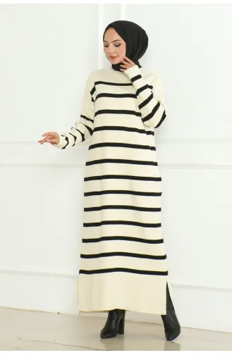 Robe Tricot Rayée Col Roulé 253-03 Ecru 253-03