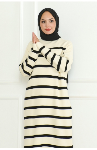 Robe Tricot Rayée Col Roulé 253-03 Ecru 253-03