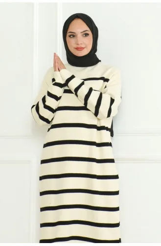 Robe Tricot Rayée Col Roulé 253-03 Ecru 253-03