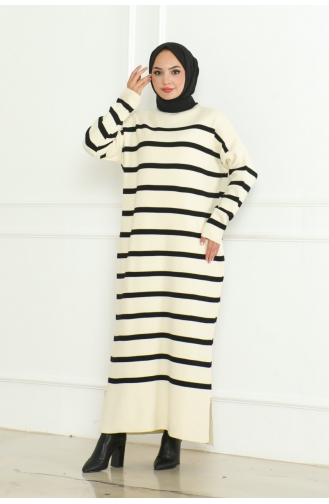 Robe Tricot Rayée Col Roulé 253-03 Ecru 253-03