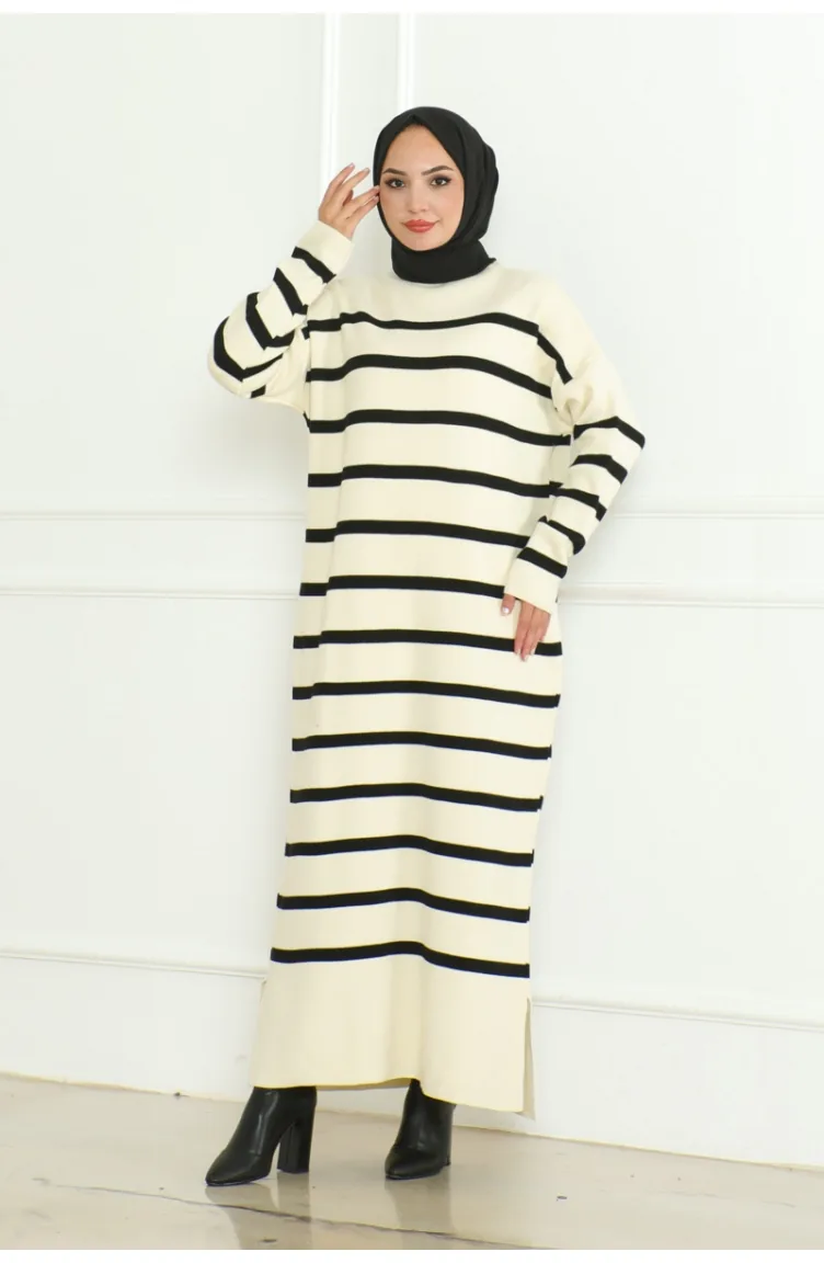 Robe Tricot Rayée Col Roulé 253-03 Ecru 253-03