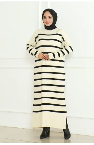 Robe Tricot Rayée Col Roulé 253-03 Ecru 253-03