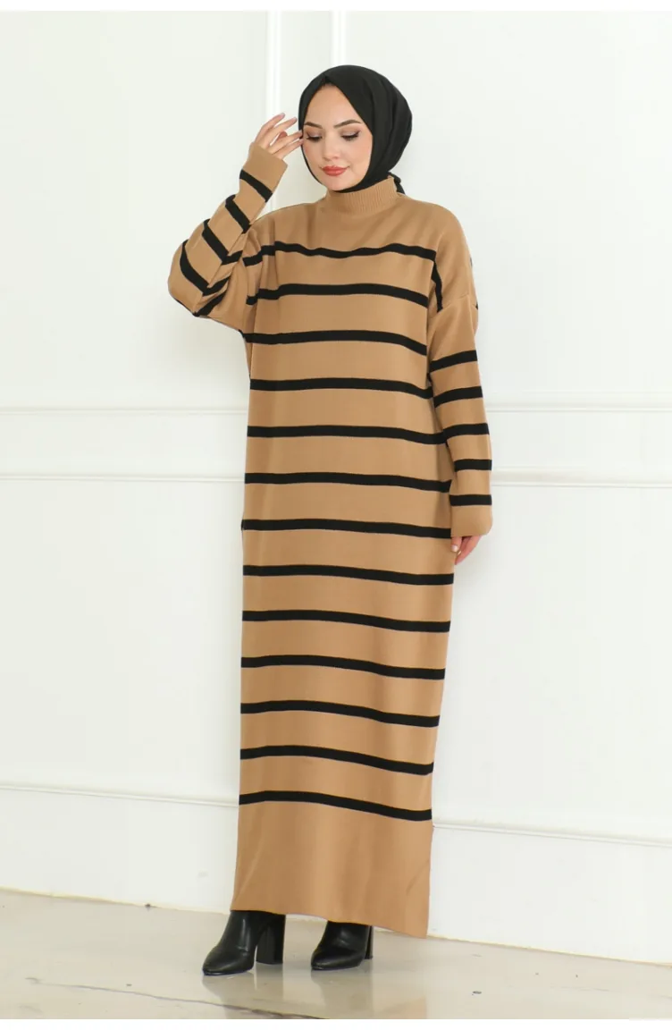 Robe Tricot Rayée Col Roulé 253-04 Camel 253-04