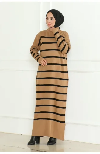 Robe Tricot Rayée Col Roulé 253-04 Camel 253-04
