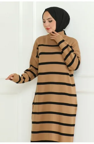 Robe Tricot Rayée Col Roulé 253-04 Camel 253-04