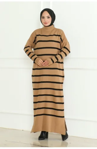 Robe Tricot Rayée Col Roulé 253-04 Camel 253-04