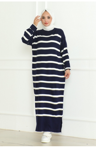 Gestreiftes Strickkleid Mit Halbem Rollkragen 253-05 Marineblau 253-05