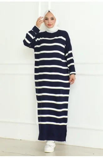 Gestreepte Gebreide Jurk Met Halve Coltrui 253-05 Marineblauw 253-05