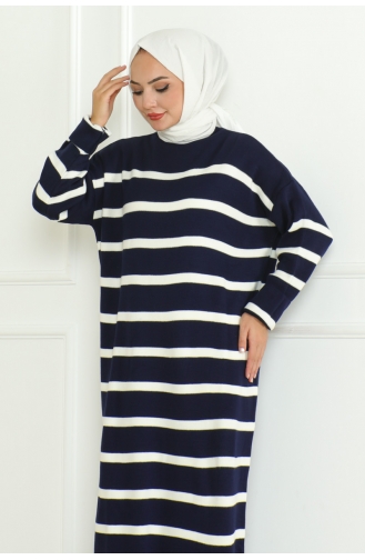 Gestreiftes Strickkleid Mit Halbem Rollkragen 253-05 Marineblau 253-05