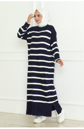 Gestreiftes Strickkleid Mit Halbem Rollkragen 253-05 Marineblau 253-05