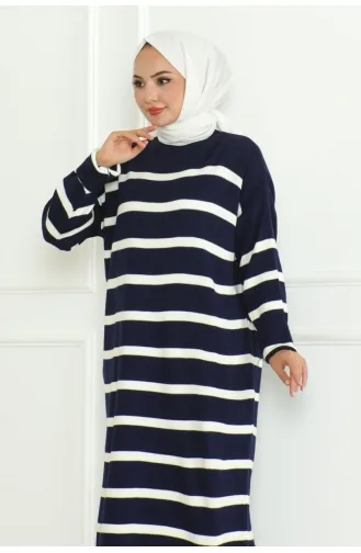 Gestreepte Gebreide Jurk Met Halve Coltrui 253-05 Marineblauw 253-05