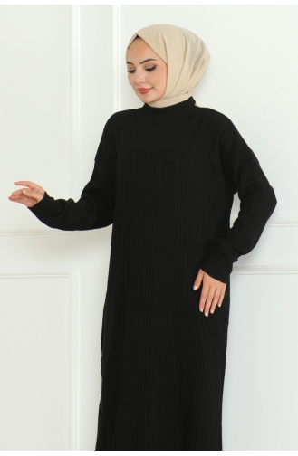 Einfarbiges Strickkleid Mit Halbem Rollkragen 252-05 Schwarz 252-05