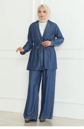 Costume En Jean Avec Taille En Dentelle Bleu Foncé 19209 15287